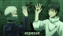 two anime characters are giving each other a high five and the word asperse is on the bottom