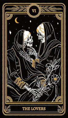 a tarot card shows two skeletons holding flowers and the word lovers on the bottom