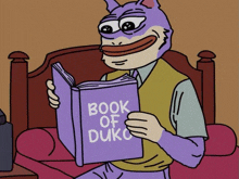 a cartoon of a man reading a book called book of duko