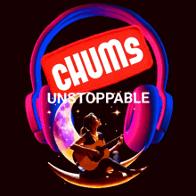 a woman sitting on a moon playing a guitar with a chums unstoppable logo