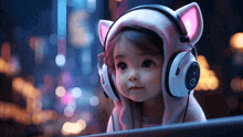 a little girl wearing headphones with a cat hood on