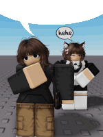 a girl with a cat ear is standing next to another girl with a speech bubble that says " he he "