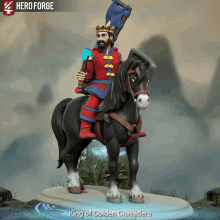 a statue of a man riding a horse with the name king of golden crusaders