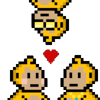 a pixel art of two yellow monkeys with a red heart