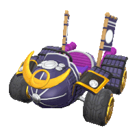 a purple and yellow toy car with a samurai helmet on the front