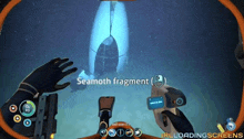 a screenshot of a video game shows a seamoth fragment in the ocean