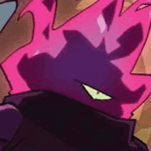 a close up of a cartoon character with a pink and purple head and a black cape .