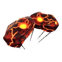 a pair of red parachutes with glowing eyes