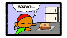 a cartoon of a boy thinking about mondays while looking at a piece of lasagna