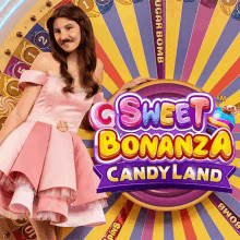 a woman in a pink dress stands in front of a sign that says sweet bonanza candy land