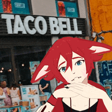 a girl with red hair stands in front of a taco bell restaurant