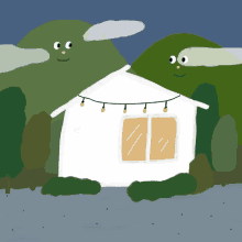 a drawing of a house with a string of lights hanging from it