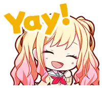 a cartoon girl with blonde hair and pink pigtails is smiling and says yay !