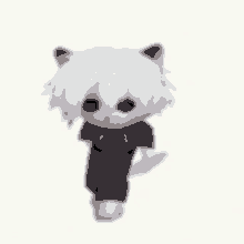 a stuffed animal with white hair and red eyes is wearing a black shirt .