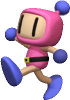 a pink cartoon character with a black belt and blue feet