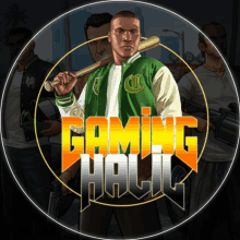 a man in a green and white jacket is holding a baseball bat and the words gaming hall