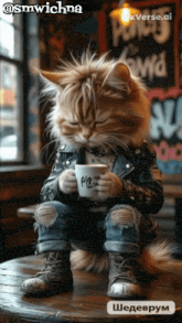 a cat is sitting on a table holding a cup of coffee and wearing a leather jacket
