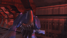 a purple robot is standing in a dark room with a red light behind him
