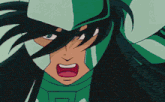 a cartoon character with long black hair is wearing a green armor and a belt with the letter w on it