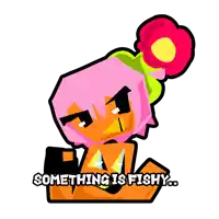 a cartoon of a girl with a flower in her hair and the words something is fishy