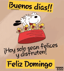 a cartoon of snoopy in a red bowl with the words buenos dias written on it