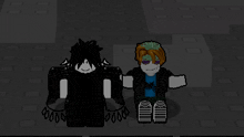 two roblox characters are standing next to each other in a dark room .
