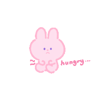 a drawing of a pink bunny with the word hungry below it