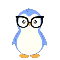 a blue and white penguin wearing glasses with a smiley face