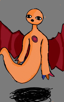 a drawing of an orange monster with red wings and a pink heart in its chest