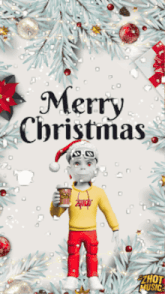 a merry christmas greeting card with a cartoon character holding a cup of coffee