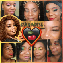 a collage of women 's faces with paradise written in green