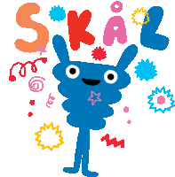 an illustration of a blue monster with the word skal above him