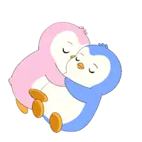 a pink and blue penguin are hugging each other with their eyes closed