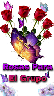 a picture of roses and butterflies with the words rosas para el grupo on the bottom