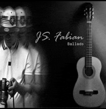 a black and white photo of a man holding a camera next to a guitar with the words j.s. fabian ballads