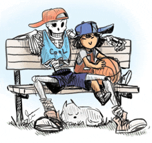 a drawing of two skeletons sitting on a park bench with one wearing a shirt that says cool