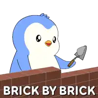 a penguin is building a wall with bricks and the words brick by brick below it