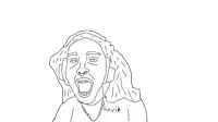 a black and white drawing of a man with long hair and a necklace