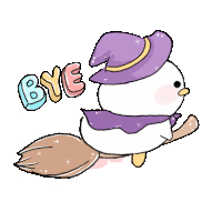 a cartoon of a penguin wearing a witch hat flying on a broom with the word bye written on it