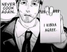 a man in a suit and tie is holding a notepad that says " never cook again "