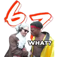 a man in a wig is shaking hands with a man in a yellow jacket with the words what written below them