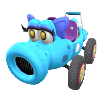 a blue cartoon car with a purple seat and a purple steering wheel