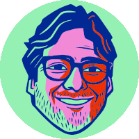 a colorful drawing of a man with glasses and a beard smiling