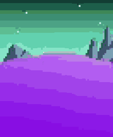 a pixel art of a purple field with mountains in the background