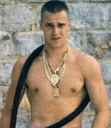 a shirtless man wearing a gold chain around his neck is standing in front of a brick wall .