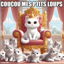 a white cat wearing a crown is sitting on a throne surrounded by white cats