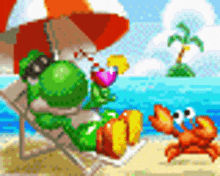 a cartoon of a frog sitting in a chair on the beach with a drink and a crab .