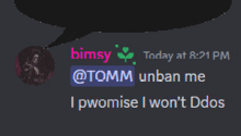 a screenshot of a discord conversation between birmsy and @tomm