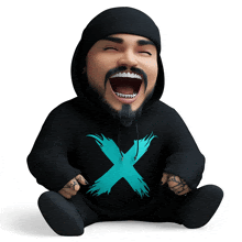 a cartoon of a man wearing a black hoodie with an x on it