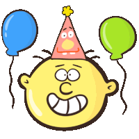 a cartoon of a boy wearing a party hat and holding balloons